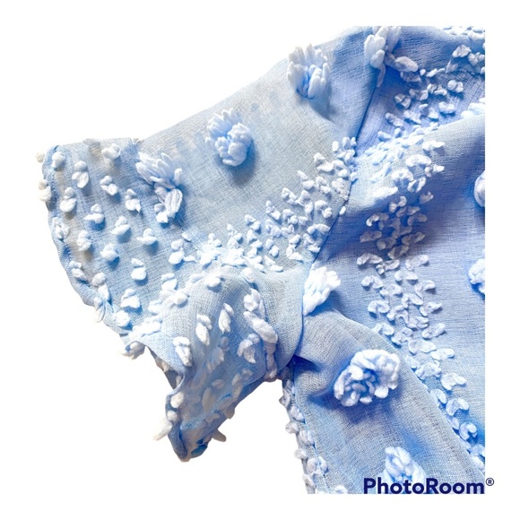 &merci EASTER Dress Womens M Short Sleeve Blue Swiss Dot Ruffle Accents Boho - Picture 7 of 13